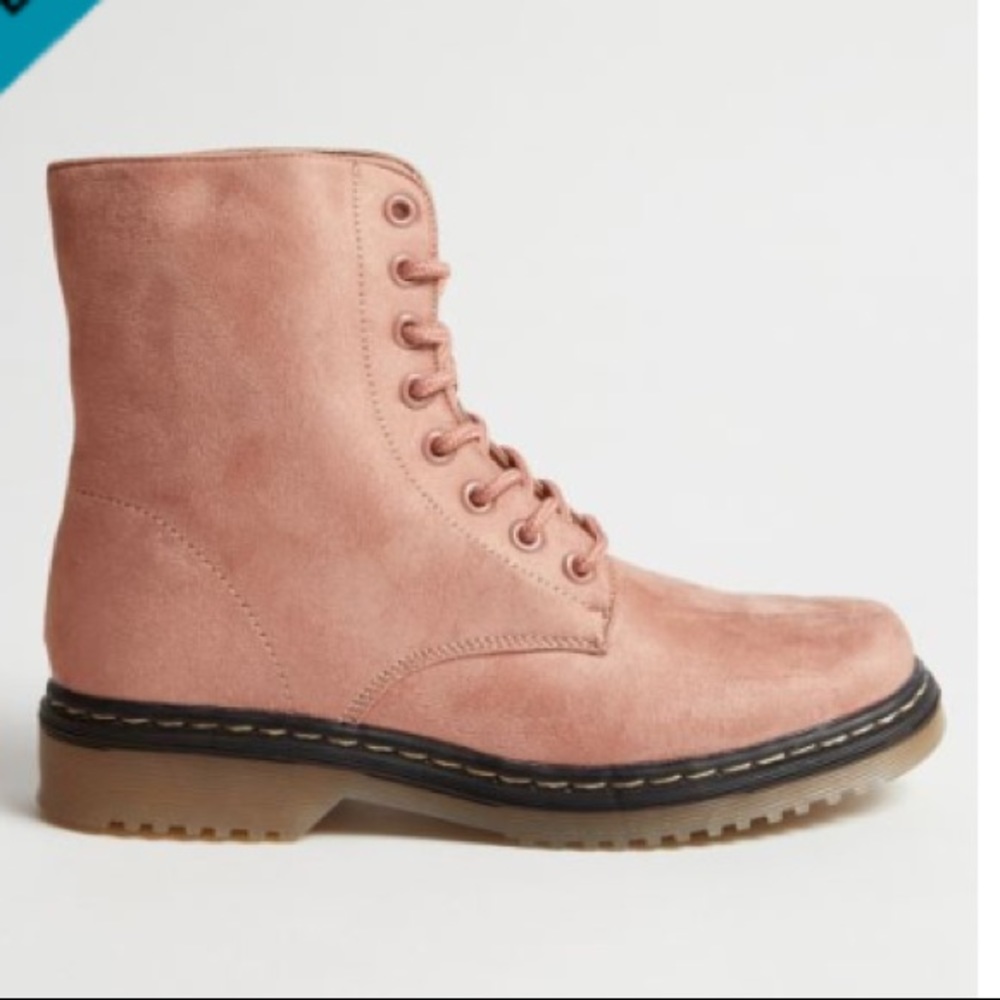 Pink Faux Suede Ankle Combat Boots